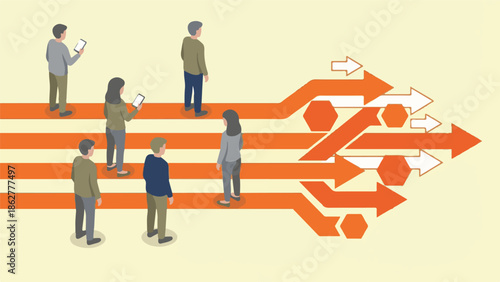 People with smartphones on multiple strategic paths and directions