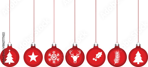 Set of Eight Hanging Red Christmas Ornament Baubles with White Icons: Tree, Star, Snowflake, Deer, and Holly for Holiday Greeting Cards and Decoration.