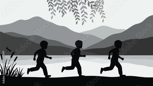 Silhouettes of children running in a minimalist grayscale landscape