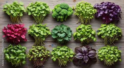 Variety of Microgreens on Wooden Surface.