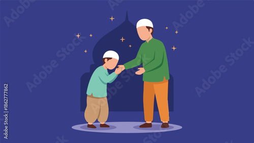 Muslim child showing respect to elder with hand kiss, Islamic tradition.