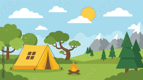 Vibrant outdoor camping landscape with tent, campfire, trees, and mountains
