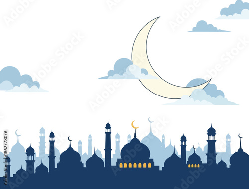 Islamic mosque silhouette with crescent moon and clouds for ramadan eid celebrations