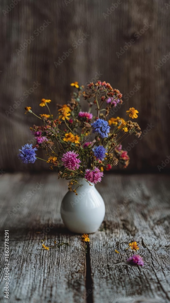 Fototapeta premium A small white vase holds a bright bouquet of dried wildflowers on a weathered wooden table. Concept Still life with dried wildflowers, White vase, Dried wildflowers bouquet, Weathered wooden table