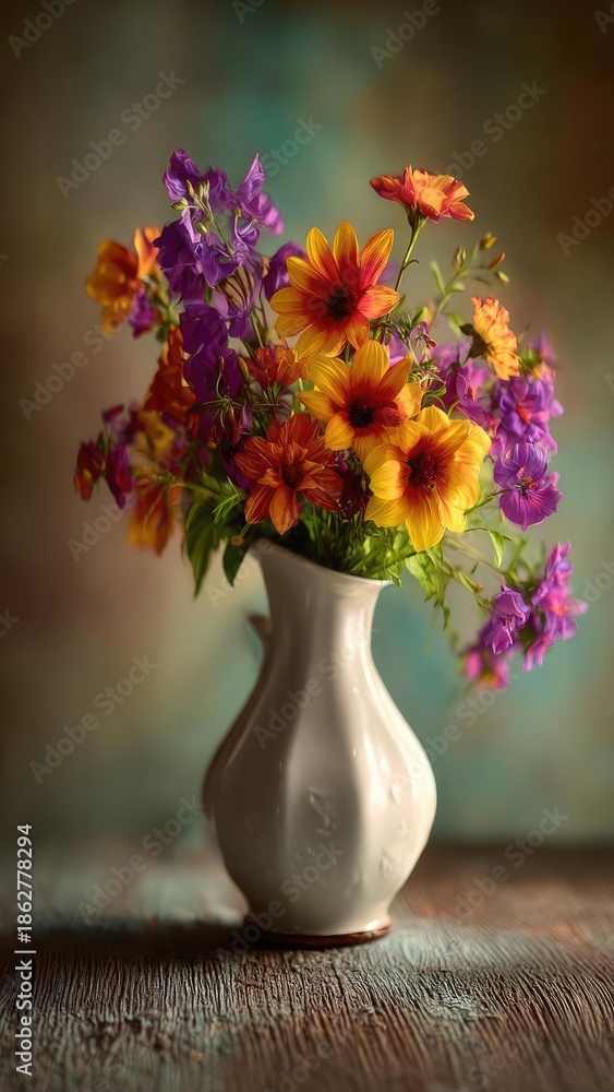 Fototapeta premium Vibrant bouquet of orange, yellow, and purple flowers in a white vase on a rustic wooden table. Concept Floral arrangement, Vibrant colors, White vase, Rustic wooden table, Colorful bouquet