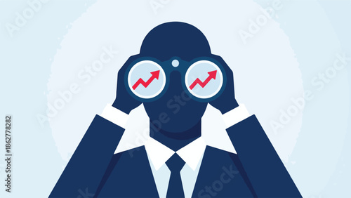 Businessman looking through binoculars with red upward trend arrows, business vision