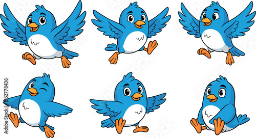 Set of Six Cute Cartoon Blue Bird Characters Flying, Running, and Winking Vector for Children's Nature Themes and Graphic Design.