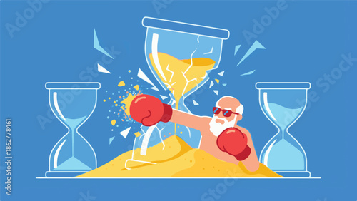 Elderly man punching shattering hourglass, concept of fighting time