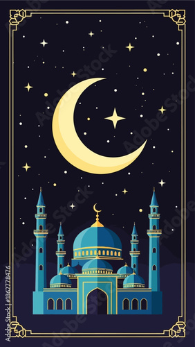 Islamic Night Scene with Mosque Silhouette, Big Golden Crescent Moon, Stars, and Geometric Golden Border Vector Illustration for Ramadan or Isra Miraj