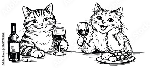 Hand drawn line art animal characters set featuring two cats, wine, and snacks for a party