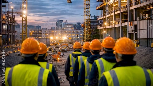 Construction workforce in safety helmets observing large urban building site at dusk with cranes, lighting and coordinated infrastructure development