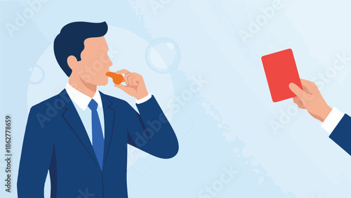 Whistleblower in business suit blowing whistle receives red card