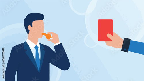 Whistleblower concept showing person blowing whistle and red card