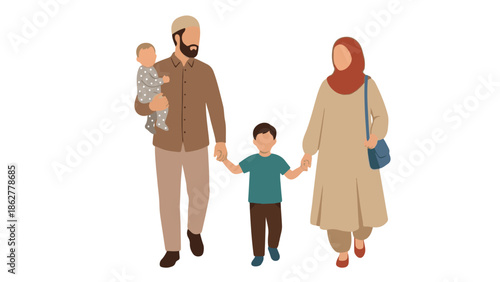 Muslim family walking together, father carrying baby, mother in hijab