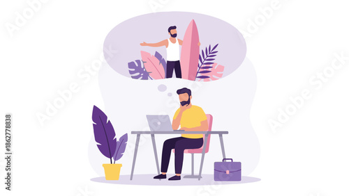 Businessman dreaming of tropical vacation while working at office desk