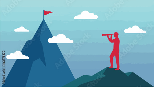 Strategic vision: Man observes goal on mountain peak with telescope