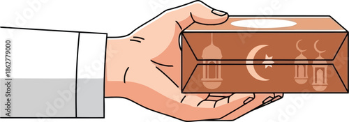 Hand holding islamic gift box with crescent and lanterns for ramadan eid celebration