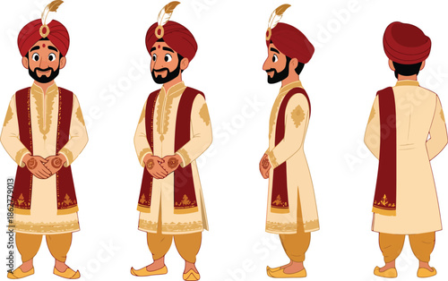 Indian Groom Character Turnaround in Red Turban and Traditional Wedding Sherwani – Front, Side, Back Views