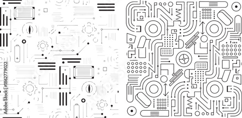 Black and white technical circuit board designs