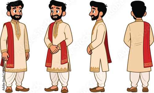 Indian Groom Character Turnaround in Red Turban and Traditional Wedding Sherwani – Front, Side, Back Views