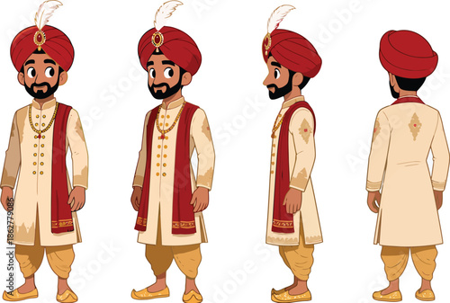 Indian Groom Character Turnaround in Red Turban and Traditional Wedding Sherwani – Front, Side, Back Views