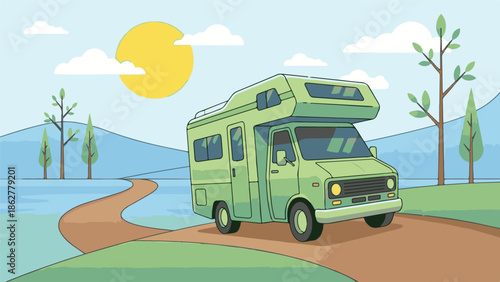 Green RV driving on a winding road through a sunny natural landscape