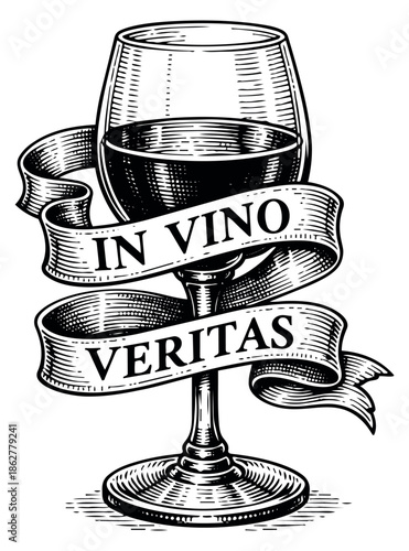 Engraving style illustration of a wine glass depicting the 'in vino veritas' latin quote on a banner for beverages and wisdom concepts