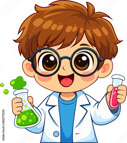 Cute boy doing science experiment, little scientist illustration