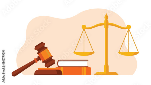 Illustration of law and justice symbols: gavel, scales, and books