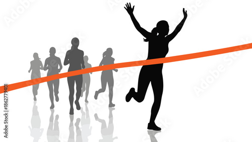 Silhouette of victorious runner crossing finish line with raised arms