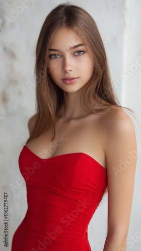 A radiant young woman stands gracefully in a chic red dress, her long hair cascading elegantly. She exudes confidence and beauty, captured in a softly lit atmosphere