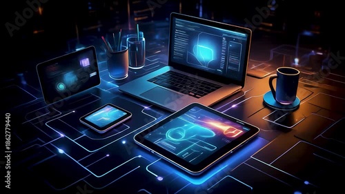 Wallpaper Mural Futuristic workspace with glowing technology devices animation Torontodigital.ca