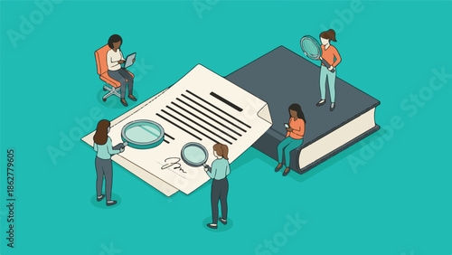 Isometric illustration of women analyzing documents and data with modern devices
