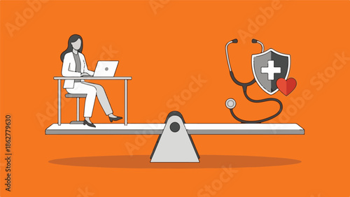 Illustration of work-life balance, health vs. professional life on a seesaw