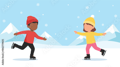 Happy children ice skating outdoors in snowy mountain winter landscape