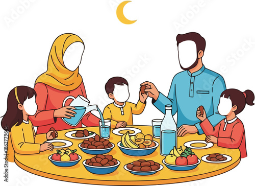 Joyful muslim family iftar meal vector art   ramadan fasting breaking celebration