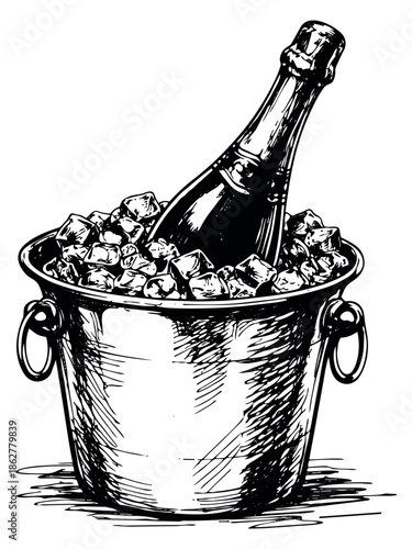 Hand drawn line art illustration of a champagne bottle in an ice bucket depicting chilling for a celebration