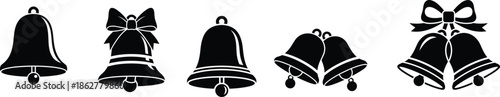 Christmas Bell Silhouette Icon Set with Bow and Double Bells Vector