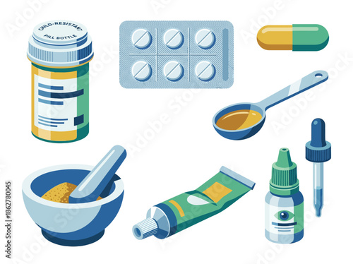 Assorted pharmaceutical Page objects including pills, capsules, and medical equipment.