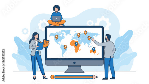 Global business team analyzing world map on computer with location pins