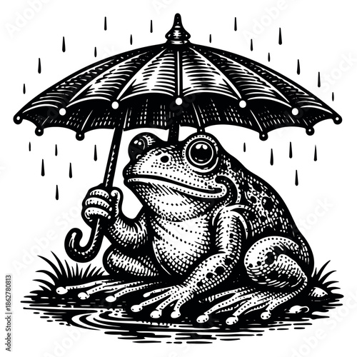Engraving style illustration of a frog depicting holding an umbrella in the rain for weather and nature designs