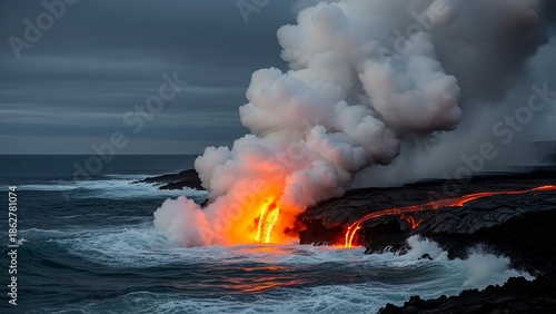 Volcanic eruption in the ocean waves.