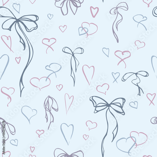 Soft blue narrow ribbon bows and hearts scattered randomly. Seamless pattern tile. Isolated vector doodle illustration hand drawn in ink. Perfect for baby products, soft interior prints, gift sets.