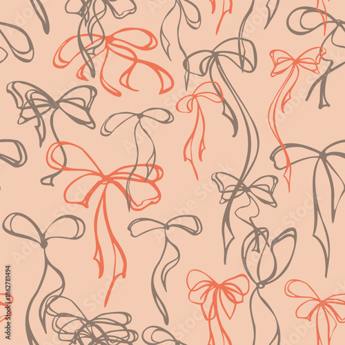 Freehand doodle line ribbons tied into various loops with long tails. Seamless pattern tile, vector isolated illustration hand drawn in ink. For elegant branding, beauty packaging, decor paper.