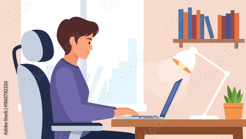 Focused young man with short brown hair typing on a laptop at a wooden desk, sitting in a modern office chair.