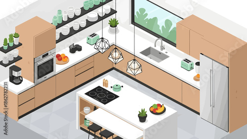Isometric modern kitchen illustration with wooden cabinets, white countertops, island, and appliances.