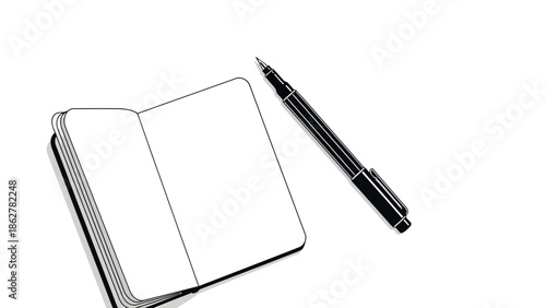 Minimalist black and white illustration of an open blank notebook with a black pen beside it.