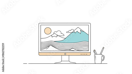 Minimalist line art desktop monitor displaying a serene landscape illustration with blue mountains, sun, and wavy lines, beside a pen holder.