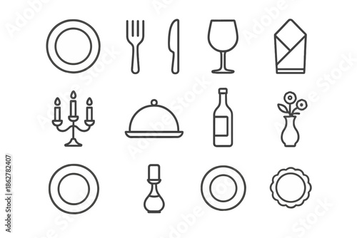 Elegant Table Icons. Elegant table setup. Line outline icon set of Elegant table setup: porcelain plate,