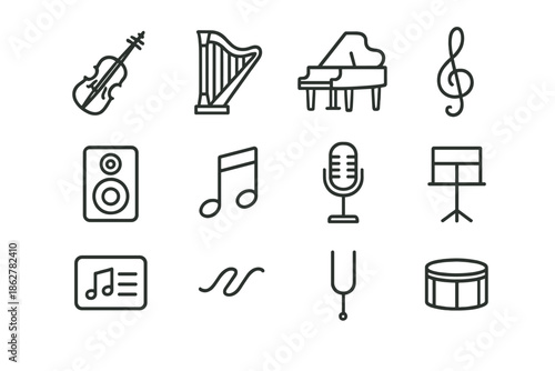 Elegant Music Icons. Elegant music. Line outline icon set of Elegant music: violin, harp, grand piano outline,
